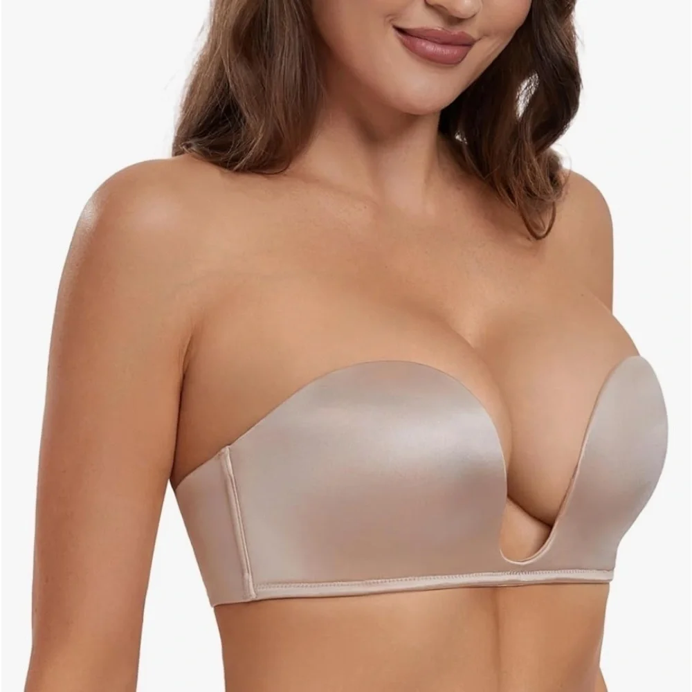 NWT HACI Deep Plunge Deep U Bra Strapless Push Up Demi Bras Seamless Underwire